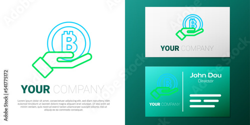 Line Hand holding Bitcoin icon isolated on white background. Blockchain technology, digital money market, cryptocoin wallet. Colorful outline concept. Vector