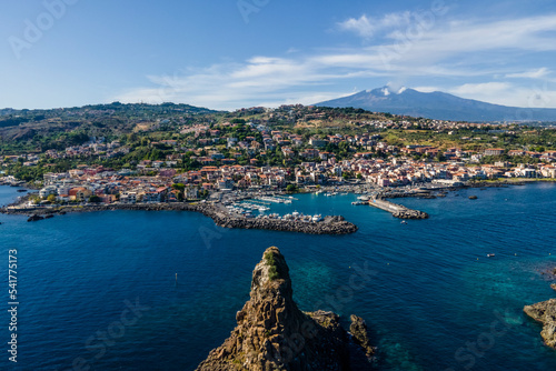 Panoramic aerial view of Ciclopi islands in Aci Trezza, Sicily, Italy.