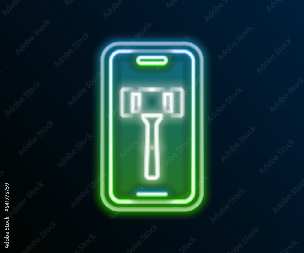 Glowing neon line Online auction icon isolated on black background. Bid sign. Auction bidding. Sale and buyers. Colorful outline concept. Vector Glowing neon line Online auction icon isolated on black background. Bid sign. Auction bidding. Sale and buyers. Colorful outline concept. Vector