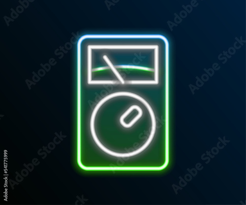 Glowing neon line Ampere meter, multimeter, voltmeter icon isolated on black background. Instruments for measurement of electric current. Colorful outline concept. Vector