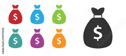 Black Money bag icon isolated on white background. Dollar or USD symbol. Cash Banking currency sign. Set icons colorful. Vector