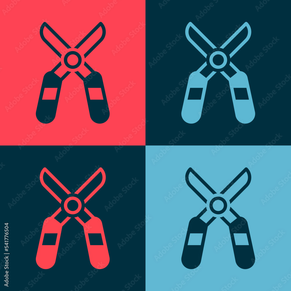 Pop art Gardening handmade scissors for trimming icon isolated on color background. Pruning shears with wooden handles. Vector Pop art Gardening handmade scissors for trimming icon isolated on color background. Pruning shears with wooden handles. Vector