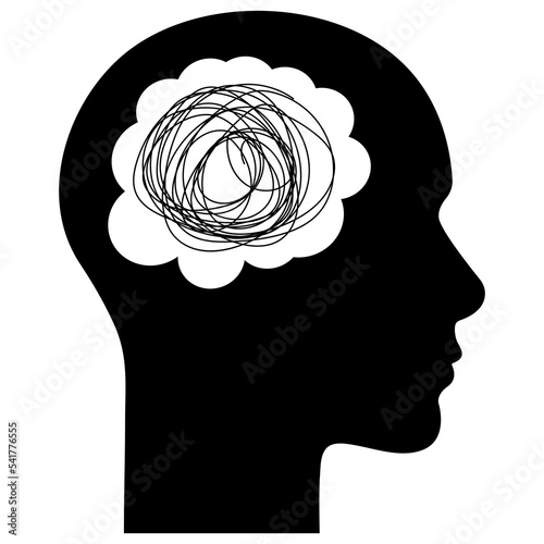 Human head silhouette with tangled line inside. Concept of mental disorder, finding solution, chaotic thinking process and depression. Vector illustration