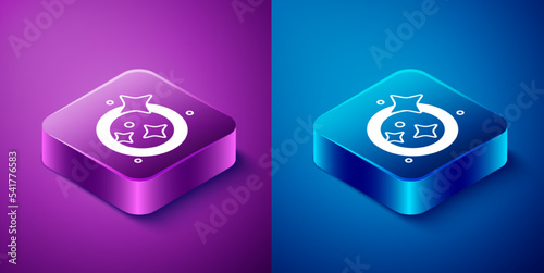Isometric Washing dishes icon isolated on blue and purple background. Cleaning dishes icon. Dishwasher sign. Clean tableware sign. Square button. Vector