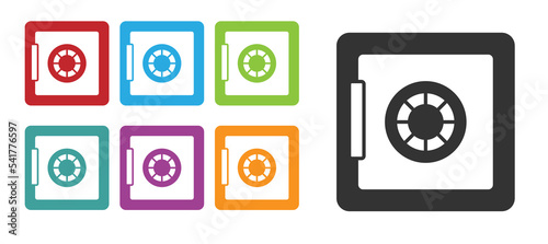 Black Safe icon isolated on white background. The door safe a bank vault with a combination lock. Reliable Data Protection. Set icons colorful. Vector