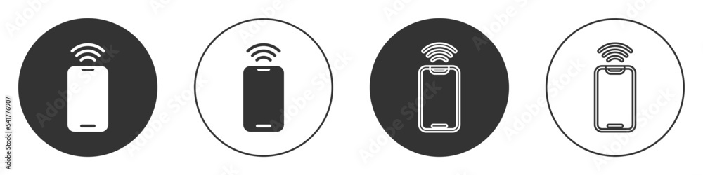 Black Smartphone with free wi-fi wireless connection icon isolated on white background. Wireless technology, wi-fi connection, wireless network. Circle button. Vector Black Smartphone with free wi-fi wireless connection icon isolated on white background. Wireless technology, wi-fi connection, wireless network. Circle button. Vector