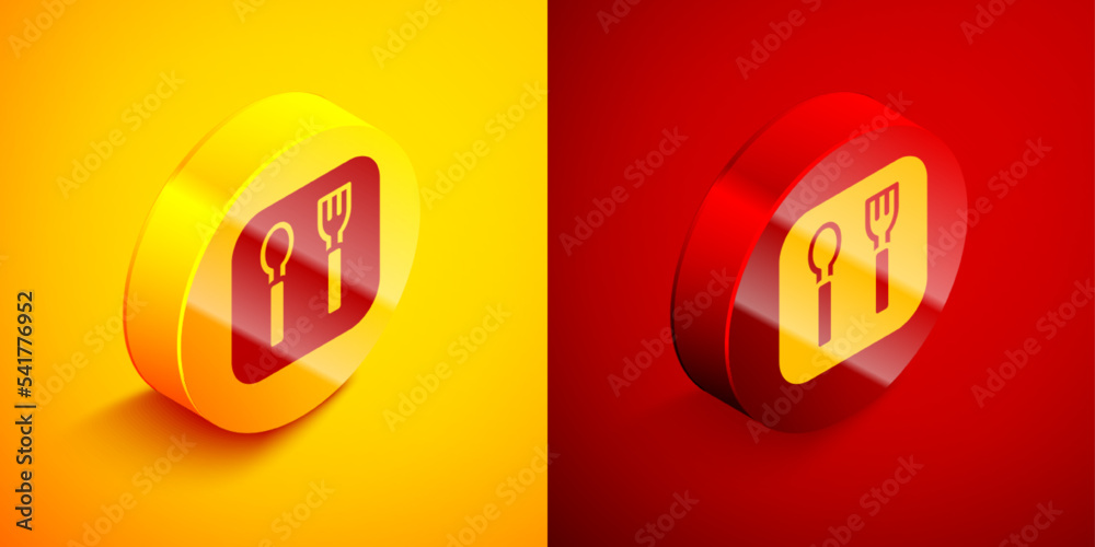 Isometric Fork and spoon icon isolated on orange and red background. Cooking utensil. Cutlery sign. Circle button. Vector Isometric Fork and spoon icon isolated on orange and red background. Cooking utensil. Cutlery sign. Circle button. Vector