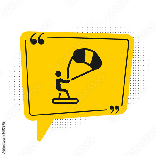 Black Kitesurfing icon isolated on white background. Yellow speech bubble symbol. Vector