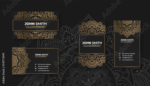 Luxury black business card with golden mandala decoration designs, Bright floral ornamental elements