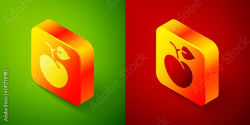 Isometric Peach fruit or nectarine with leaf icon isolated on green and red background. Square button. Vector