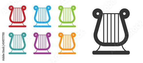 Black Ancient Greek lyre icon isolated on white background. Classical music instrument, orhestra string acoustic element. Set icons colorful. Vector