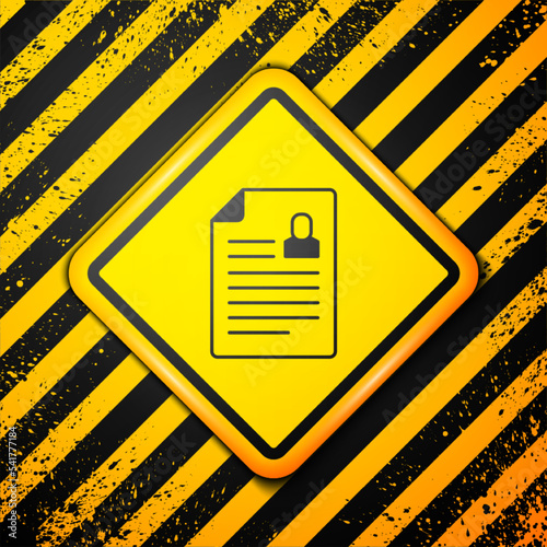 Black Resume icon isolated on yellow background. CV application. Searching professional staff. Analyzing personnel resume. Warning sign. Vector