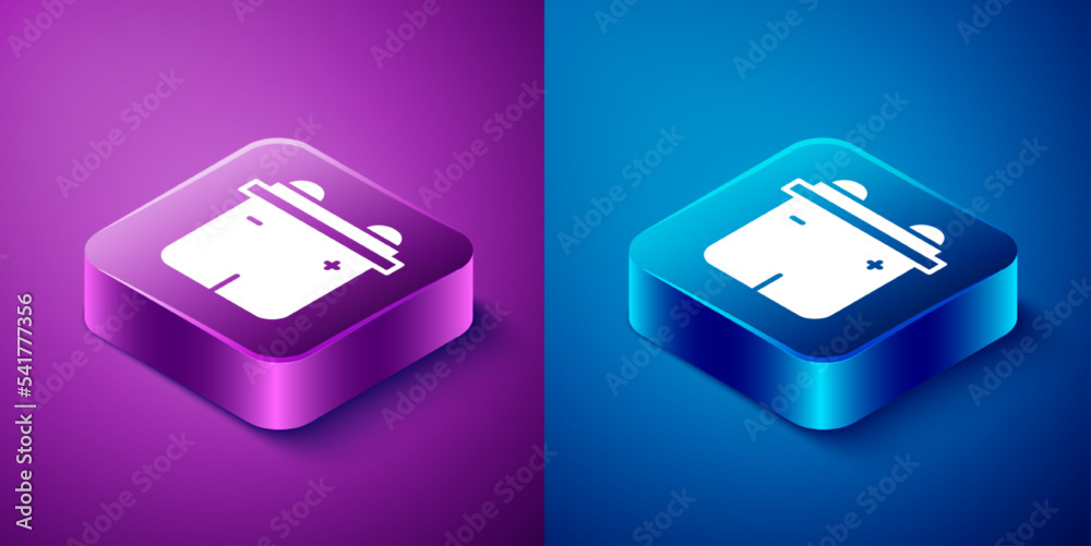 Isometric Car battery icon isolated on blue and purple background. Accumulator battery energy power and electricity accumulator battery. Square button. Vector Isometric Car battery icon isolated on blue and purple background. Accumulator battery energy power and electricity accumulator battery. Square button. Vector