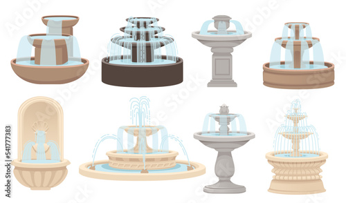 Set of stone fountains street decoration architecture vector illustration isolated on white background