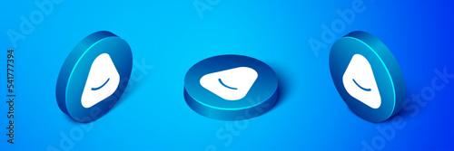 Isometric Pouf icon isolated on blue background. Soft chair. Bag for the seat. Comfortable furniture armchair. Blue circle button. Vector