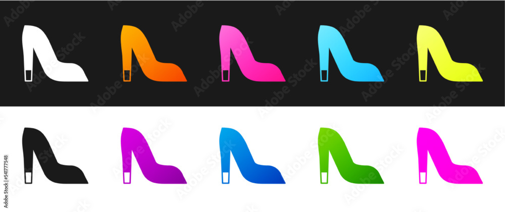 Set Woman shoe with high heel icon isolated on black and white background. Vector