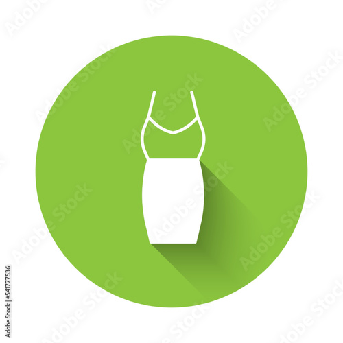 White Woman dress icon isolated with long shadow background. Clothes sign. Green circle button. Vector photo