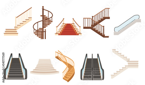 Set of wood stairs with modern escalator indoor construction classic design vector illustration isolated on white background