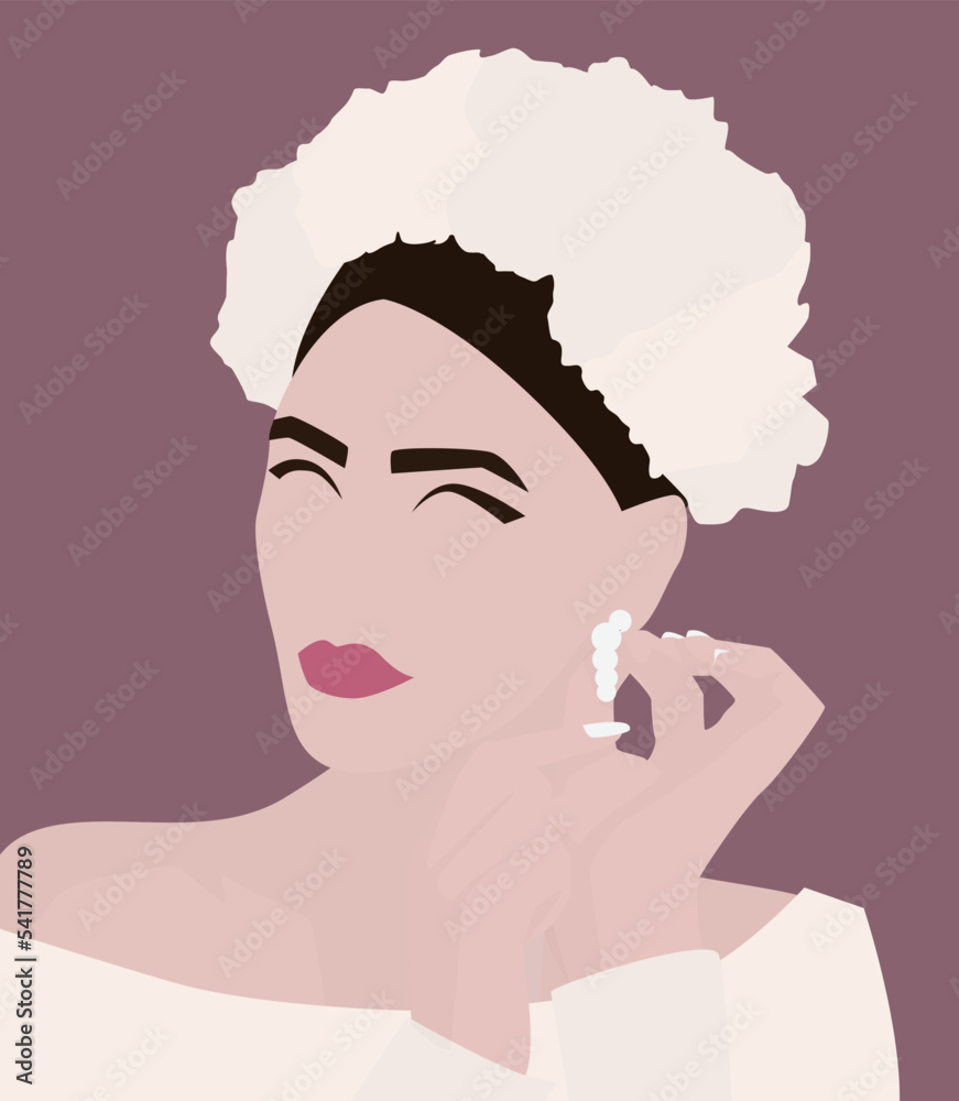 Vector flat image of a young girl in a white dress and a wreath. The girl fastens the earrings. Design for cards, avatars, posters, backgrounds, templates, banners, textiles, portraits. Vector flat image of a young girl in a white dress and a wreath. The girl fastens the earrings. Design for cards, avatars, posters, backgrounds, templates, banners, textiles, portraits.