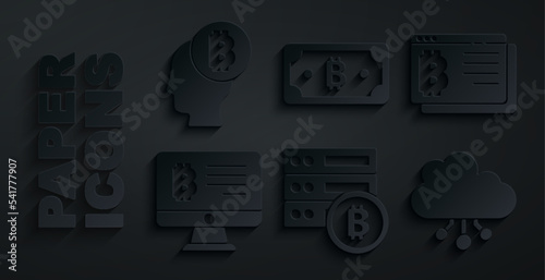Set Server bitcoin, Bitcoin browser, Mining from monitor, Cryptocurrency cloud mining, and think icon. Vector