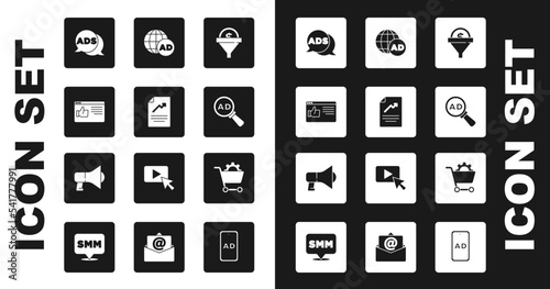 Set Lead management, Document with graph chart, Browser window, Advertising, Shopping cart and Megaphone icon. Vector