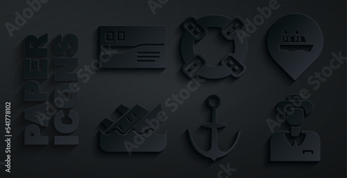 Set Anchor, Location with cruise ship, Sinking, Tourist, Lifebuoy and Postcard travel icon. Vector