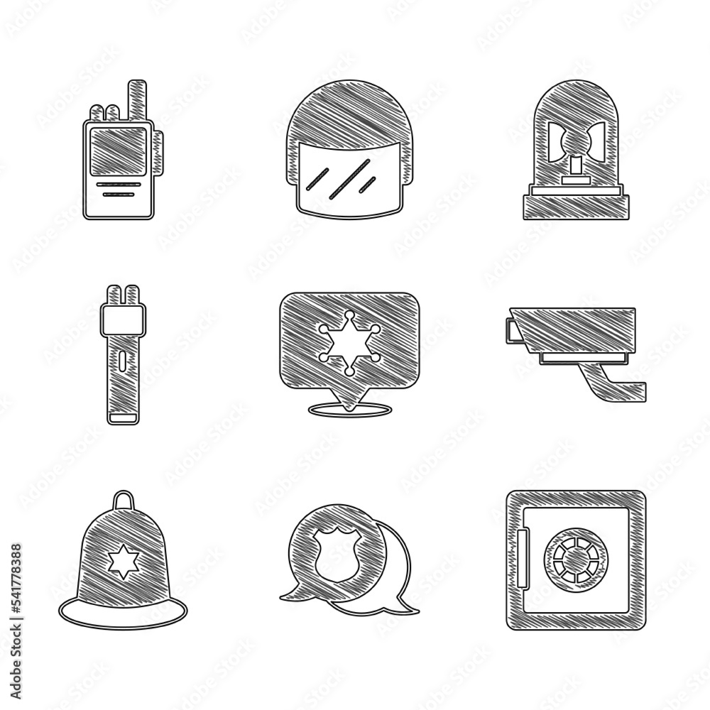 Set Hexagram sheriff, Police badge, Safe, Security camera, British