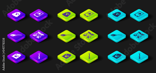 Set Funny and scary ghost mask, Magic wand, Witches broom, Guillotine and Ghost icon. Vector