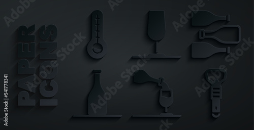 Set Wine tasting, degustation, Bottles of wine, opener, glass and Meteorology thermometer icon. Vector