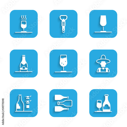 Set Wine glass, Bottles of wine, bottle with, Farmer the hat, Champagne, and tasting, degustation icon. Vector