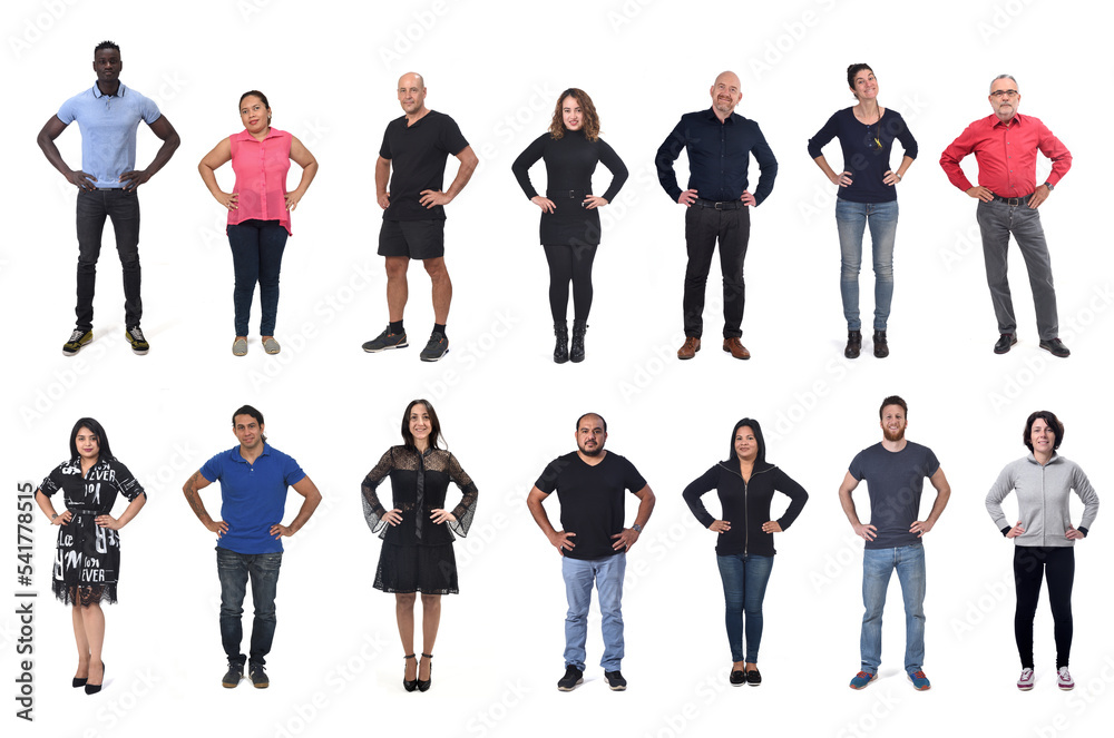 Obraz premium group of women and men with arms akimbo on white background