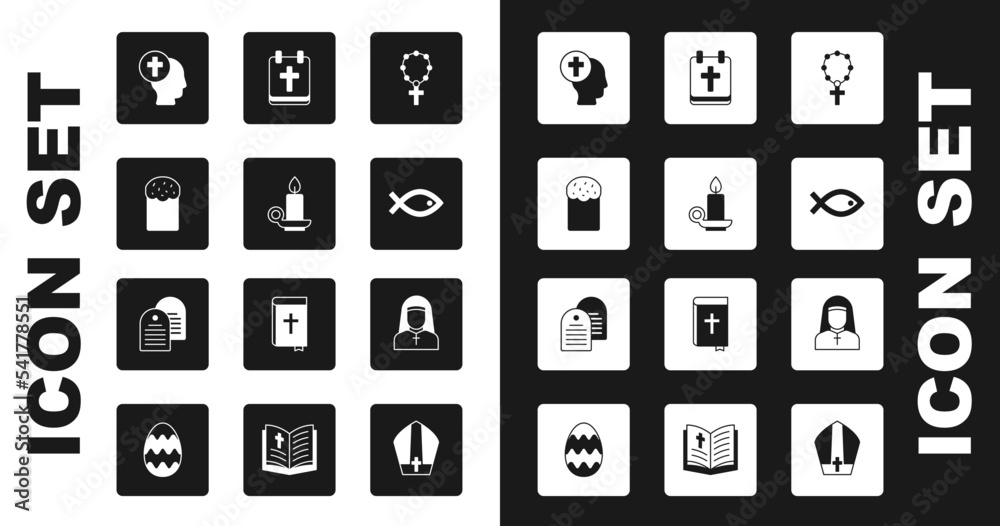 Set Rosary beads religion, Burning candle in candlestick, Easter cake, Priest, Christian fish symbol, Calendar with, Nun and Holy bible book icon. Vector Set Rosary beads religion, Burning candle in candlestick, Easter cake, Priest, Christian fish symbol, Calendar with, Nun and Holy bible book icon. Vector