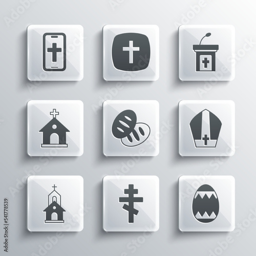 Set Christian cross, Easter egg, Pope hat, bread, Church building, on phone and sermon tribune icon. Vector