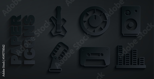 Set Retro audio cassette tape, Stereo speaker, Microphone, Music equalizer, Sound mixer controller and Electric bass guitar icon. Vector