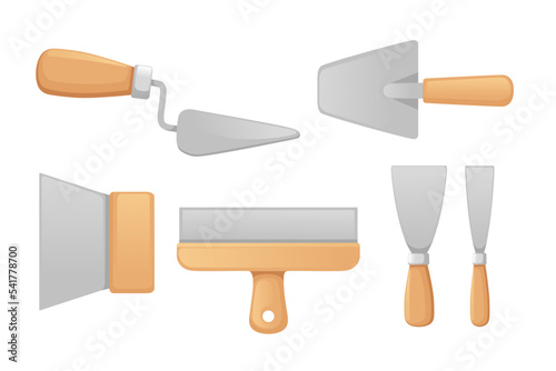 Set of metal and wooden industrial trowel instrument vector illustration isolated on white background