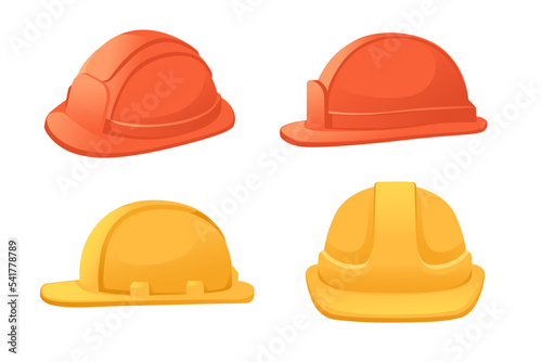 Set of red and orange color safety builder helmet vector illustration isolated on white background