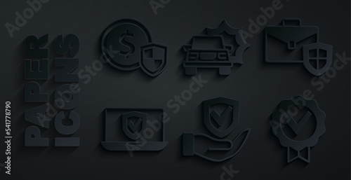 Set Shield in hand, Briefcase with shield, Insurance online, Approved check mark, Car accident and Money icon. Vector