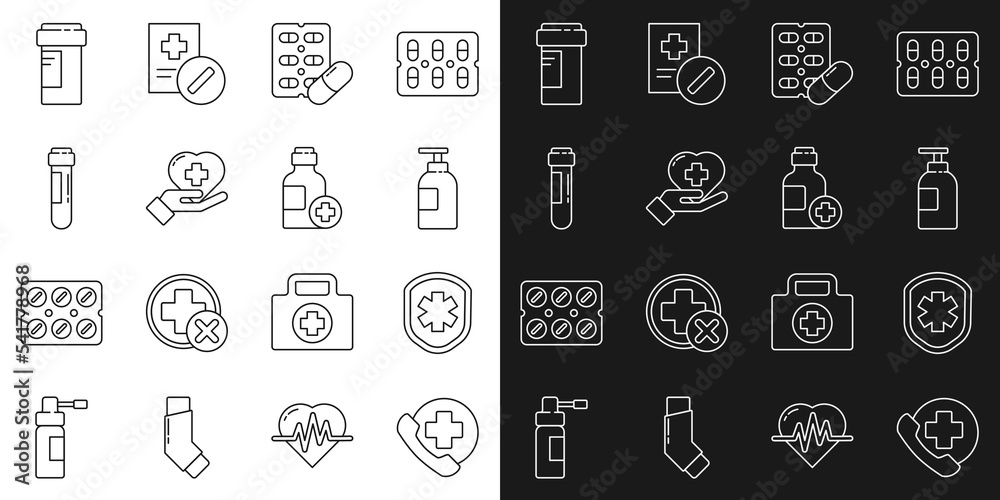 Set line Emergency phone call to hospital, Medical shield with cross, Hand sanitizer bottle, Pills in blister pack, Heart, Test tube blood, Medicine and Bottle of medicine syrup icon. Vector