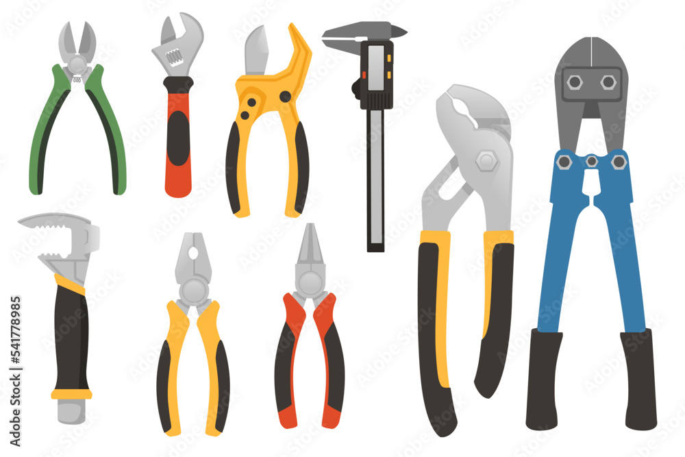 Set of different Wire cutter with rubber cover handle vector illustration isolated on white background Set of different Wire cutter with rubber cover handle vector illustration isolated on white background