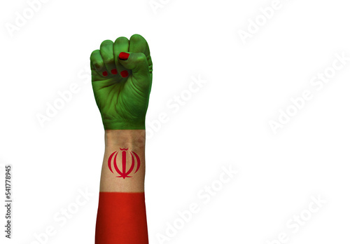 Woman’s Hand raised in protest. Painted with the colors of the Iran Flag