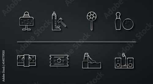 Set line Magic ball on table, Stacks paper money cash, Bowling pin and, Water slide, Ticket, Striker attraction with hammer, Home stereo two speakers and Lollipop icon. Vector