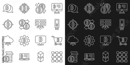 Set line Blockchain technology, Shopping cart with bitcoin, USB flash drive, Bitcoin, Cryptocurrency exchange, the target, and Server icon. Vector