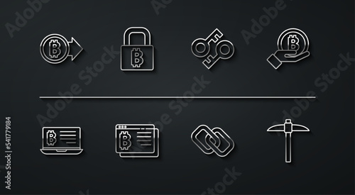 Set line Bitcoin, Mining bitcoin from laptop, Hand holding, Chain link, browser, Lock with, Pickaxe and Cryptocurrency key icon. Vector