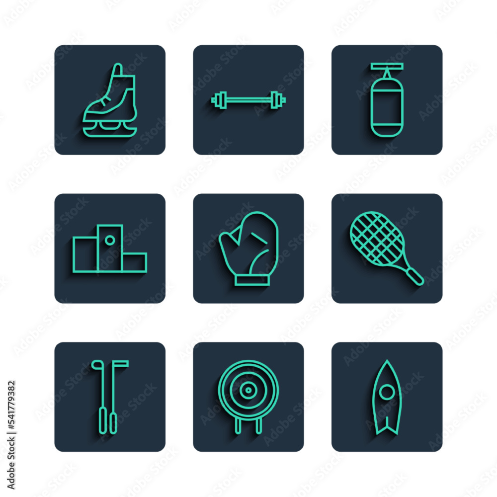 Set line Golf club, Target sport, Surfboard, Punching bag, Baseball glove, Award over sports winner podium, Skates and Tennis racket icon. Vector Set line Golf club, Target sport, Surfboard, Punching bag, Baseball glove, Award over sports winner podium, Skates and Tennis racket icon. Vector