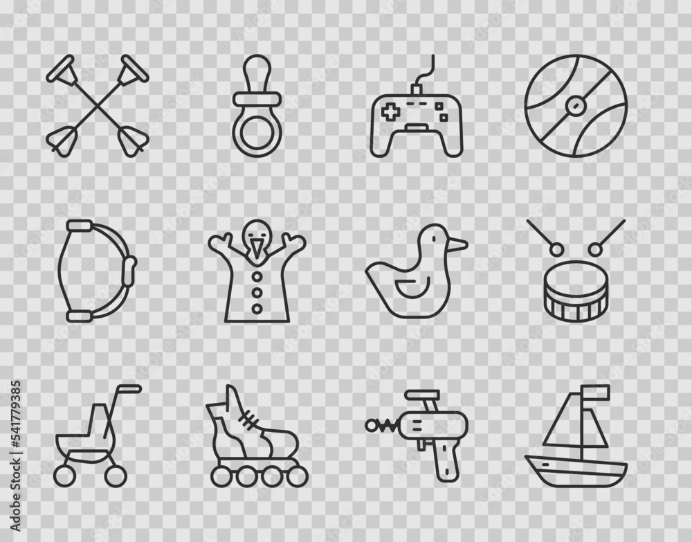 Set line Baby stroller, Toy boat, Gamepad, Roller skate, Arrow with sucker tip, puppet doll on hand, Ray gun and Drum drum sticks icon. Vector Set line Baby stroller, Toy boat, Gamepad, Roller skate, Arrow with sucker tip, puppet doll on hand, Ray gun and Drum drum sticks icon. Vector