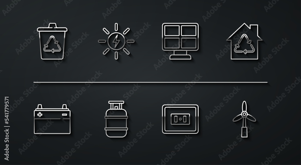 Set line Recycle bin with recycle, Car battery, Eco House recycling, Electrical outlet, Propane gas tank, Solar energy panel, Wind turbine and icon. Vector Set line Recycle bin with recycle, Car battery, Eco House recycling, Electrical outlet, Propane gas tank, Solar energy panel, Wind turbine and icon. Vector