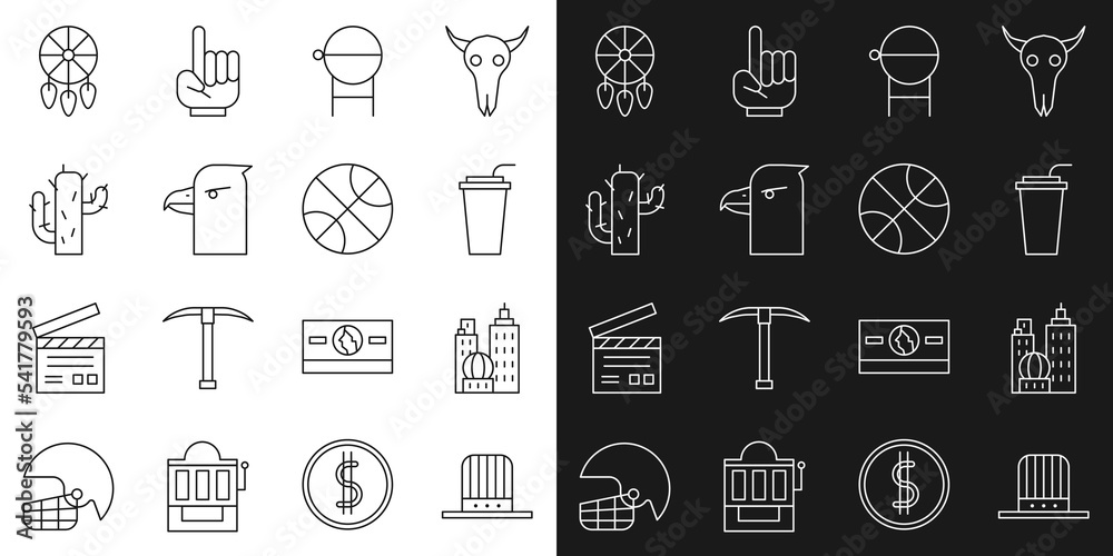 Set line Patriotic American top hat, City landscape, Paper glass with straw, Barbecue grill, Eagle head, Cactus, Dream catcher feathers and Basketball ball icon. Vector