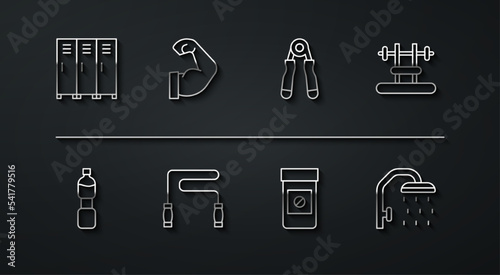 Set line Locker or changing room, Bottle of water, Bench with barbel, Anabolic drugs, Jump rope, Bodybuilder muscle, Shower head and Sport expander icon. Vector