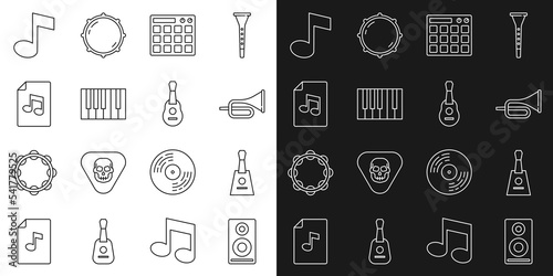 Set line Stereo speaker, Balalaika, Trumpet, Drum machine, Grand piano, Music book with note, note, tone and Guitar icon. Vector