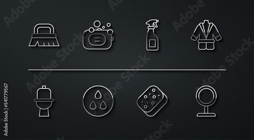 Set line Brush for cleaning, Toilet bowl, Bathrobe, Sponge, Water drop, Bar of soap, Round makeup mirror and Cleaning spray bottle icon. Vector